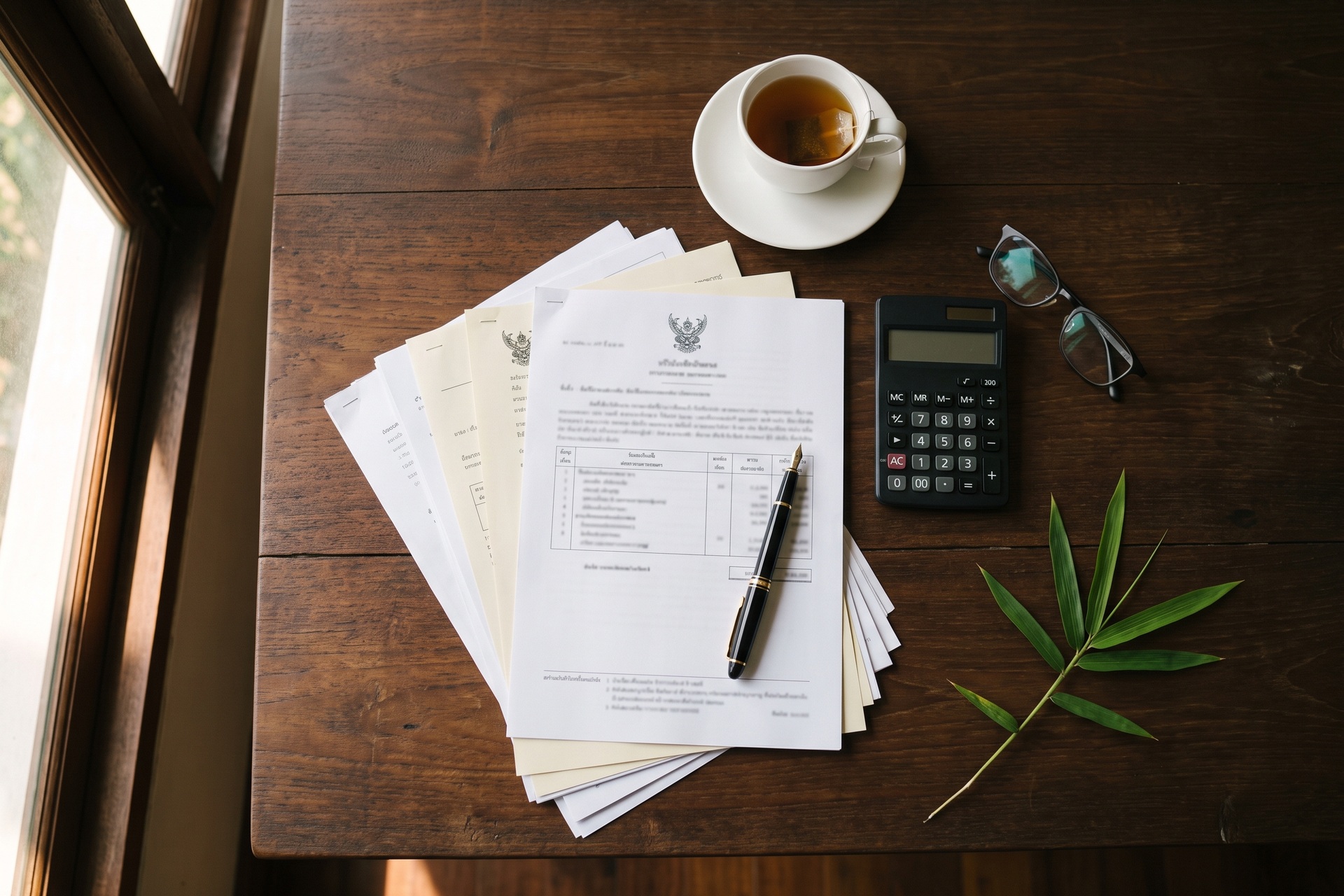 Thai paperwork, financial statements and a calculator on a desk, representing the compliance and financial reporting Shibumi Services handles for Phuket villa owners