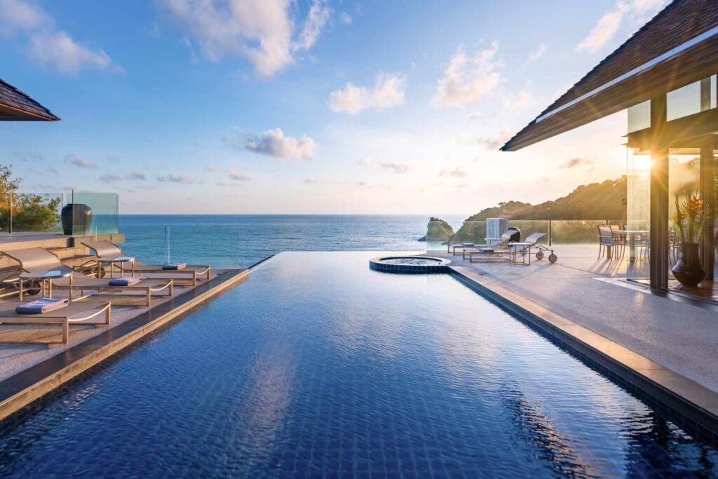 Infinity pool and terrace at Villa Viman, a seven bedroom luxury villa in Kamala, Phuket, managed and marketed by Shibumi Services