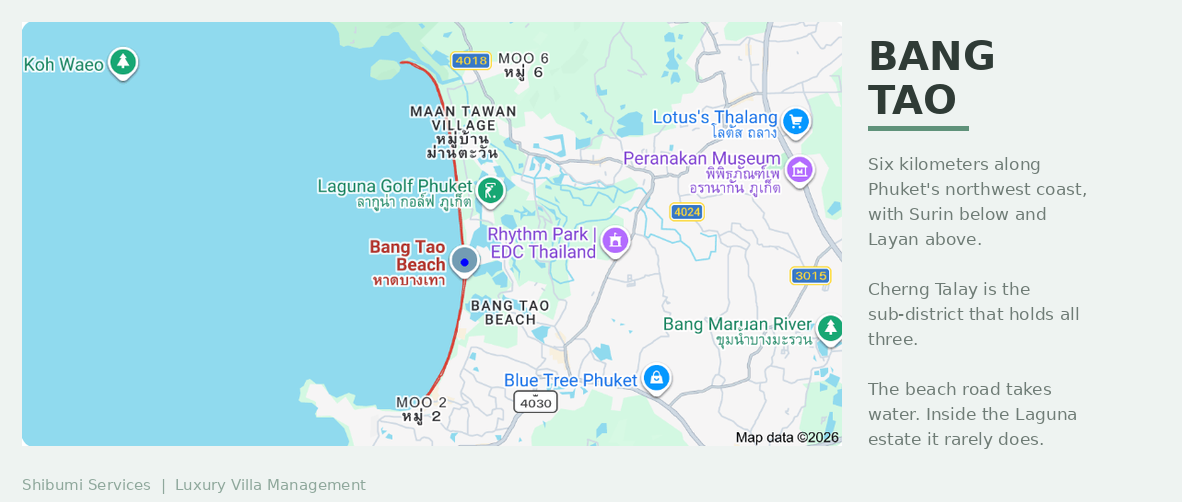 Map of Bang Tao on Phuket’s northwest coast, with Surin to the south and Layan to the north