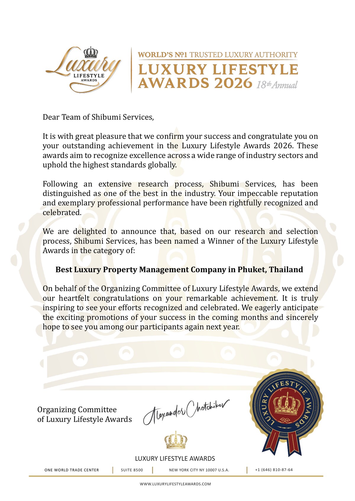 Luxury Lifestyle Awards 2026 congratulatory letter to Shibumi Services