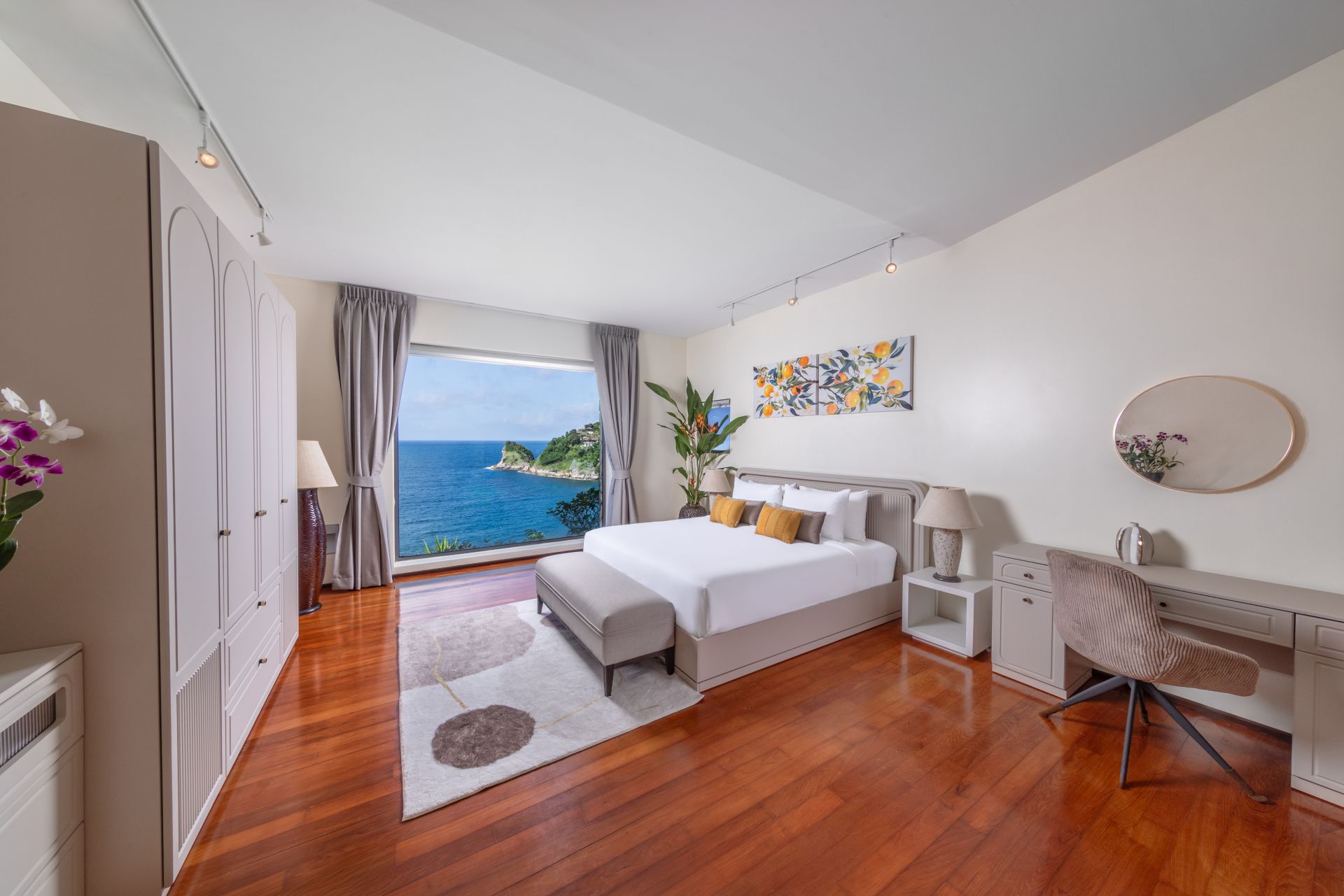 Bedroom with a sea view at a luxury villa in Phuket managed by Shibumi Services