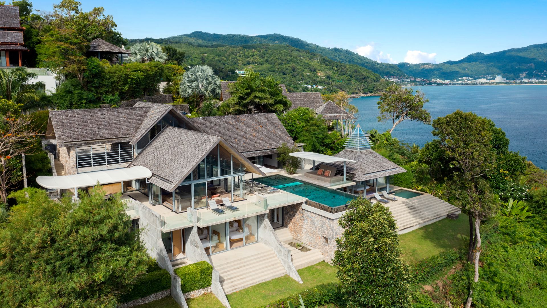 Aerial view of a Shibumi managed luxury villa above the Phuket coast