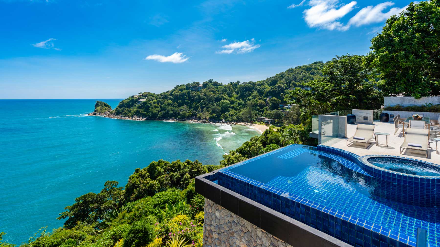 Swimming pool looking out over the bay at a luxury villa in Phuket managed by Shibumi Services