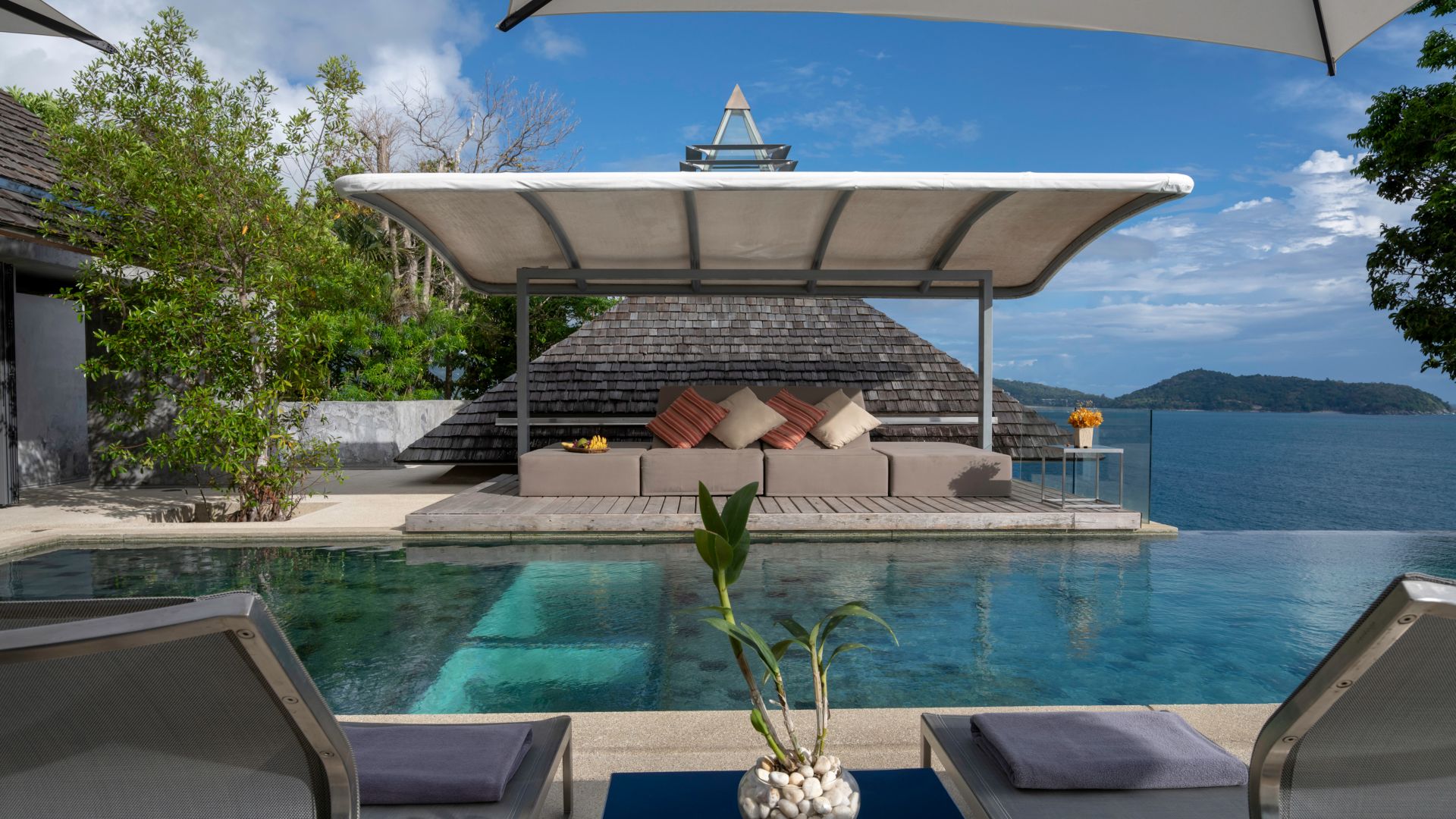 Poolside pavilion with a sea view at a luxury villa in Phuket managed by Shibumi Services
