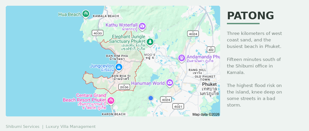 Map of Patong on Phuket’s west coast, between Kamala to the north and Karon to the south