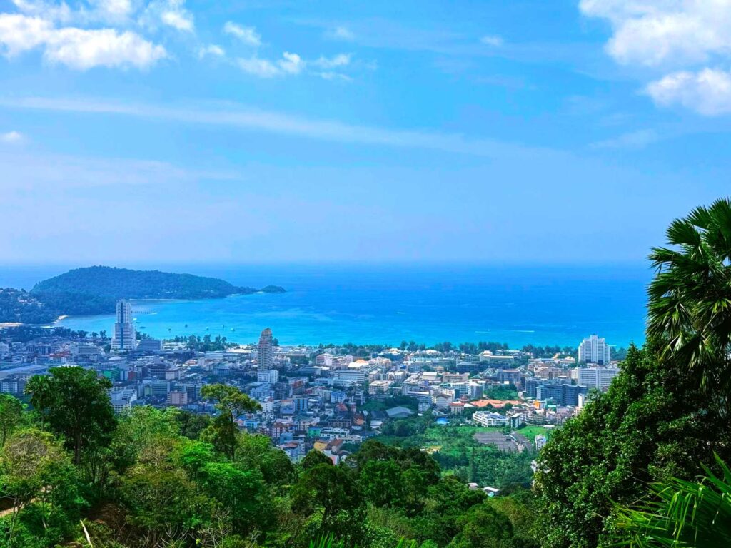 Patong town and bay seen from the hills above, Phuket, on a bright day
