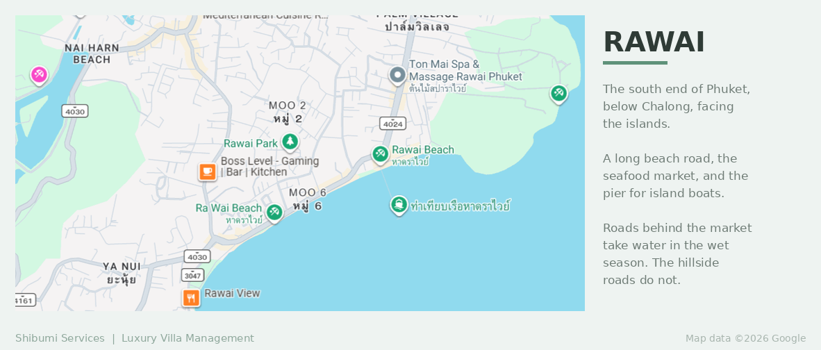 Map of Rawai at the south end of Phuket, with Nai Harn to the west and Chalong to the north