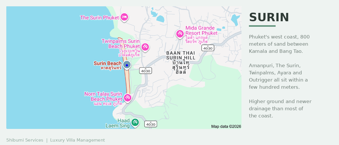 Map of Surin on Phuket’s west coast, between Kamala and Bang Tao, showing The Surin and Twinpalms on the beach road